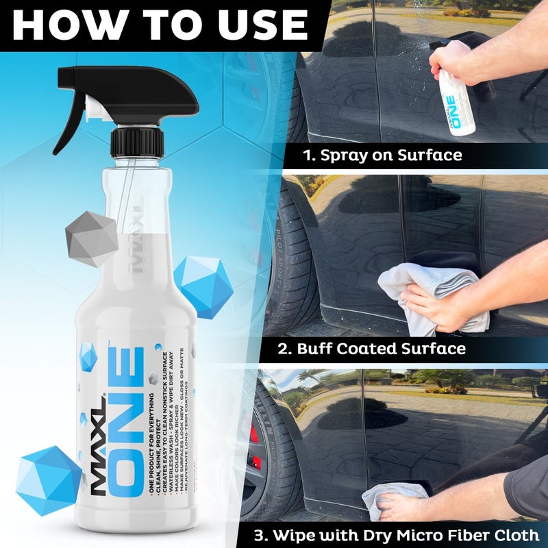 MXL MAXLONE ™ Car Spray with Triphene® Technology, Quick Spray & Wipe All Purpose Waterless Detailer - Clean, Shine, Protect Paint, Glass, Wheels, Trim Without Pre-Washing (2, 20oz w 4 Micro Fiber Cloth) - Image 2